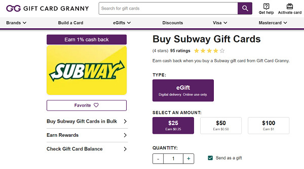 GiftCardGranny Subway gift cards