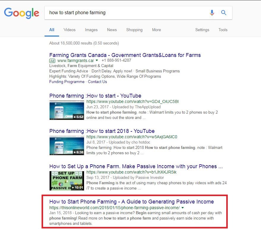 first page ranking on Google for phone farming